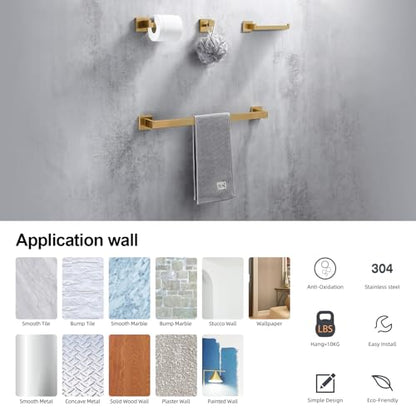 BAGNOLUX Gold Towel Bar, Bathroom Set 4 Pieces, Bath Towel Holder Set SUS304 Stainless Steel, Towel Bar Rack Set for Wall Mounted, Square Bathroom Accessories Set Fixture Heavy Duty, Brushed Brass - color: Brushed Brass