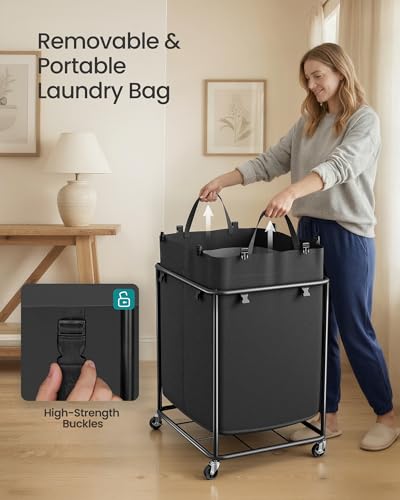 SONGMICS Laundry Basket with Wheels, Rolling Laundry Hamper with Steel Frame, Removable Liner Bag,55.4 Gallon (210 L), 2 Compartments, Ink Black URLS032BH01 - color: Ink Black, size: 210L-Rectangular