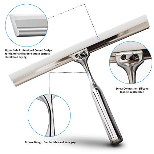 Shower Squeegees Stainless Steel with Self Adhesive Hook Window Squeegees for Shower Doors Bathroom Mirror Wiper, Window Glass Cleaning - size: 10 Inches