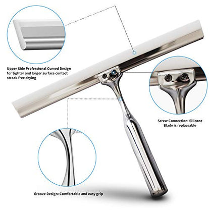 Shower Squeegees Stainless Steel with Self Adhesive Hook Window Squeegees for Shower Doors Bathroom Mirror Wiper, Window Glass Cleaning - size: 10 Inches