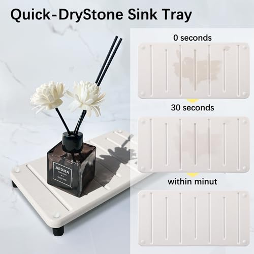 2PCS Water Absorbing Stone Drying Mat for Bathroom Sink & Kitchen Counter Organizer, Instant Dry Soap Dispenser Sponge Holder, Sink Caddy, Vanity Tray (8.66"x4.33"-White) - color: 8.7" X 4.3" White With Feet