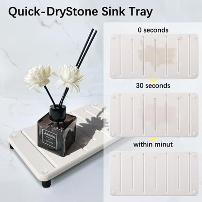 2PCS Water Absorbing Stone Drying Mat for Bathroom Sink & Kitchen Counter Organizer, Instant Dry Soap Dispenser Sponge Holder, Sink Caddy, Vanity Tray (8.66"x4.33"-White) - color: 8.7" X 4.3" White With Feet
