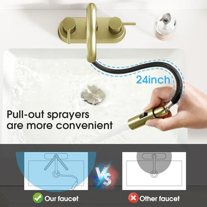 Brushed Gold Bathroom Faucet with Pull Out Sprayer, Dual-Function Spout Gold Bathroom Sink Faucets, 4 Inch Two Handle Utility Sink Faucet with Sprayer 3 Hole, Easy Pet Shower, RVs - color: Gold
