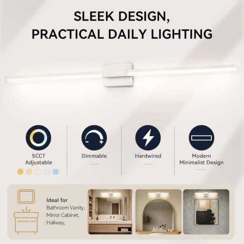 SOLFART Bathroom Vanity Light 48-Inch: Brushed Nickel 5CCT Dimmable Bathroom Light Fixtures, Solid Frosted Acrylic, Built-in Dimmer, CRI88 Soft Light, ETL IP44 - color: Brushed Nickel-5CCT, 5-Step Brightness Control, size: 48 inch