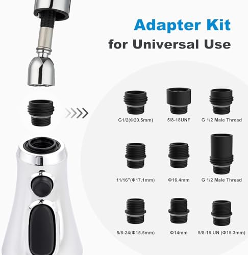 Hibbent Pull Down Spray Head for Kitchen Faucet, NSF/ANSI/CAN 61 & CUPC Certified 3-Function Spray Nozzle, 15 Adapters, Sink Faucet Head Replacement Compatible with Moen, Delta, Kohler, Chrome - color: Chrome, style: 2.5 Gallon Per Minute