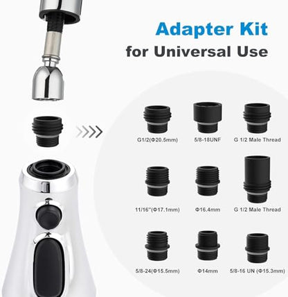 Hibbent Pull Down Spray Head for Kitchen Faucet, NSF/ANSI/CAN 61 & CUPC Certified 3-Function Spray Nozzle, 15 Adapters, Sink Faucet Head Replacement Compatible with Moen, Delta, Kohler, Chrome - color: Chrome, style: 2.5 Gallon Per Minute