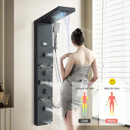 FUZ Shower Panel Tower System, Stainless Steel 6 IN 1 Shower Panel System with LED Fancy Rain Shower Head and Handheld, Adujstable Rainfall Massage Body Jets and Tub Spout, Matte Black Shower Tower - color: Black, style: 8109-B