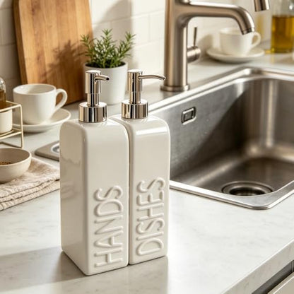 Ceramic Dish and Hand Soap Dispenser Set, 2 Pack with Stainless Steel Pump | Refillable bottles with an included funnel for easy refills and daily use, adding a stylish touch to kitchens and bathrooms. - color: Matte White, Silver Pump