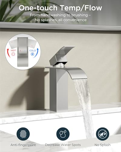 FORIOUS Bathroom Faucet 1 Hole, Waterfall Vanity Sink Faucet Brushed Nickel | Bathroom Sink Faucet 1 or 3 Hole, Square Single Handle with 24" cUPC Supply Line and Pop-up Drain, Fits RV Restroom Basin - color: Stainless Steel