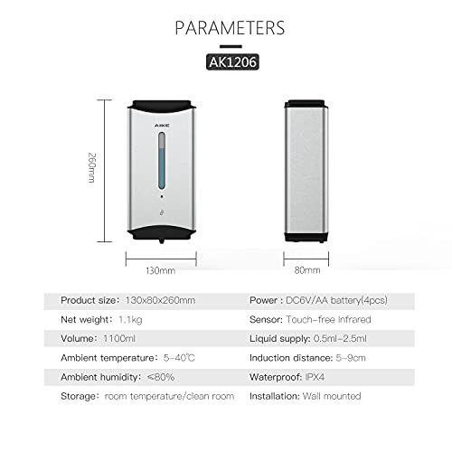 AIKE Heavy Duty Automatic Soap Dispenser,37oz for Bathroom,Brushed Steel | 5-Level and Savety Key for Commercial(4*AA Batteries Not Included),Screw Wall Mount for Space-Saving,Stainless Steel AK1206 - color: Brushed Stainless Steel