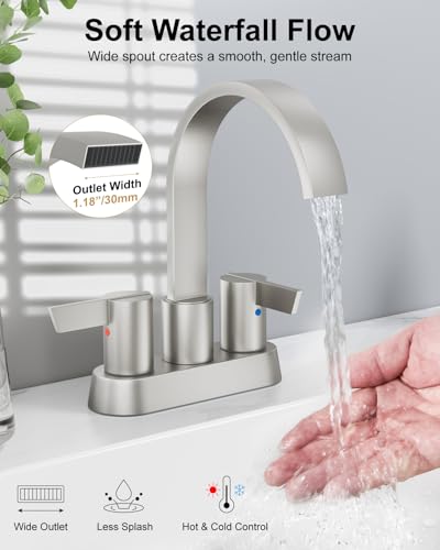 Brushed Nickel Bathroom Faucet,4 Inch Centerset 2-Handle Waterfall | Includes Pop-Up Drain,24-Inch Supply Lines,Mounting Hardware,SUS304 Stainless Steel Construction,And A 360° Swivel Spout - color: Brushed Nickel