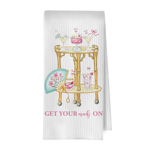 Mahjong Chinoiserie bar Towel - Bar Cart Mahjong Chinoiserie Decorative Waffle Dish Towels, Chinoiserie Hand Towel, Cocktail Tea Towel, 16x24 Inch - color: Mahjong Bar