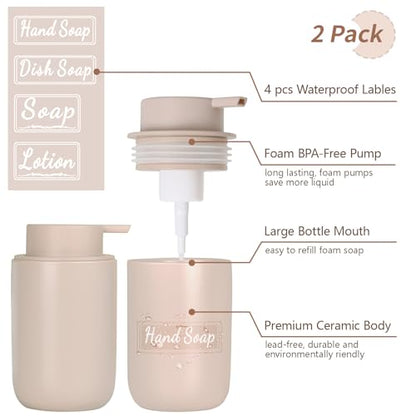 BosilunLife Foaming Soap Dispenser Set - Khaki Ceramic Foam Hand Dispenser | 12oz Soap Dispenser Set with Rust Proof Pump, 4Pcs Clear Stickers for Kitchen, Bathroom - 2 Pack - color: Khaki-foam Pump
