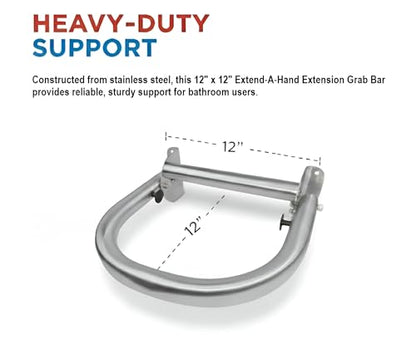 Extend-A-Hand Folding Grab Bar Extension 12" | Heavy-Duty Stainless Steel Wall-Mounted Bathroom Safety Bar for Shower, Toilet & Bathtub - color: Stainless Steel, size: 12x12 inches