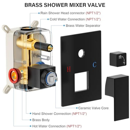 FPXRNG Shower Faucet Set Rainfall Shower System with Square Shower Head and Handle Set Rough-in Valve and Metal Trim Kit Included Matte Black 10 Inch Wall Mounted Shower Fixtures - color: Matte Black, size: 10 Inch Wall Mount Shower Head