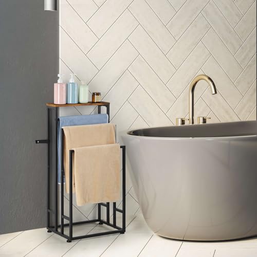 Standing Towel Rack 3 Tier Small Towel Blanket Ladder Holder Stand | For Bathroom Bedroom Living Room, Metal, Farmhouse, with Storage Shelf, Black Brown - color: Black+brown