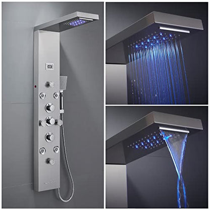 POPFLY LED Rainfall Waterfall Shower Panel Tower System, 4 Body Jets and 4 Mist Spray, 3-Function Handheld Shower, 304 Stainless Steel Shower Tower with Temp Display, Brushed - color: 8 Jets-brushed