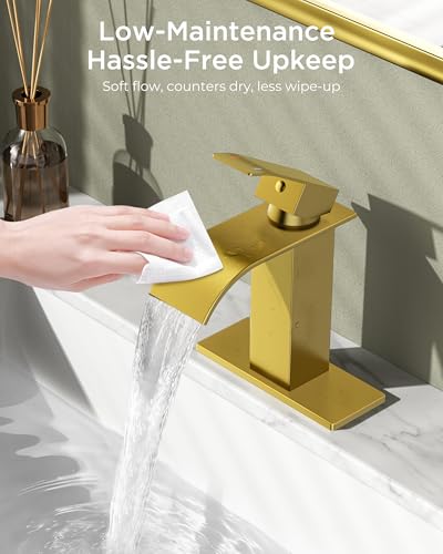 FORIOUS Bathroom Faucet 1 Hole, Waterfall Vanity Sink Faucet Brushed Gold | Bathroom Sink Faucet 1 or 3 Hole, Square Single Handle with 24" cUPC Supply Line and Pop-up Drain, Fits RV Restroom Basin - color: Brushed Gold