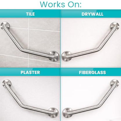 Vive Angled Shower Grab Bar (Supports 440lbs) - ADA Compliant Tub | Bathroom, Bathtub Safety Assist Rail for Handicap, Seniors, Elderly - 16in Grip Handle for Bath and Toilet - Brushed Nickel