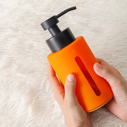 Enra Fall Glass Soap Dispenser with Window,12oz Orange Bathroom Soap Dispenser with Stainless Steel Lotion Pump,Hand Liquid Soap Dispenser Countertop for Bathroom Kitchen - color: Orange