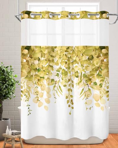 No Hook Shower Curtain and Snap in Liner Set, Yellow Eucalyptus Fabric Bathroom Stall Shower Curtains 48x72, See Through Mesh Top Window, Spring Summer Botanical Floral Leaves Country Hotel Style - color: Yellow, size: 48"W x 72"L (Pack of 1)