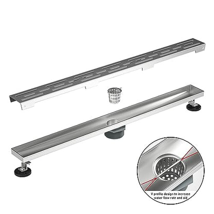 Linear Shower Drain 28" Brushed 304 Stainless Steel | with Drain Grate | Fast Drainage | Stainless Floor Drain Grate | Hair Strainer | Drain Key | The Upgrade for Your Bathroom - size: 28 Inch