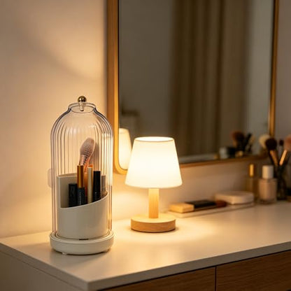 Dustproof Toothbrush Holders with Cover, Rotating Drainage Electric Toothbrush Organizer for Bathroom, 3 Slots Makeup Brush Holder with Sliding Lid for Vanity (Cream White) - color: Cream White