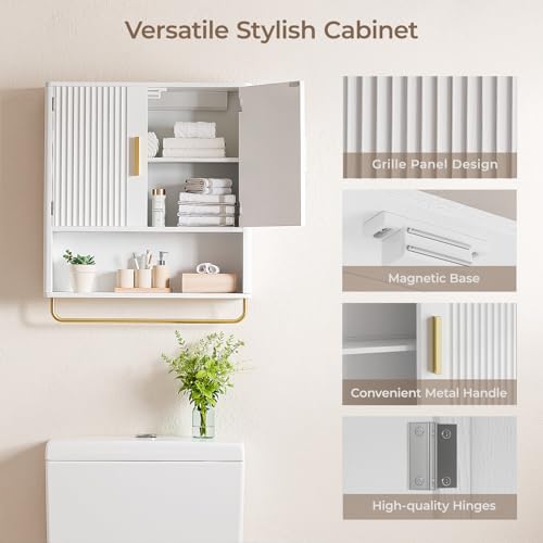 Bathroom Wall Cabinet, Medicine Cabinet with Fluted Door & Adjustable Shelf | Over The Toilet Storage Cabinet with Towel Bar, Space-Saving Cabinet Wall Mount for Laundry Room, Kitchen, Living Room - color: White