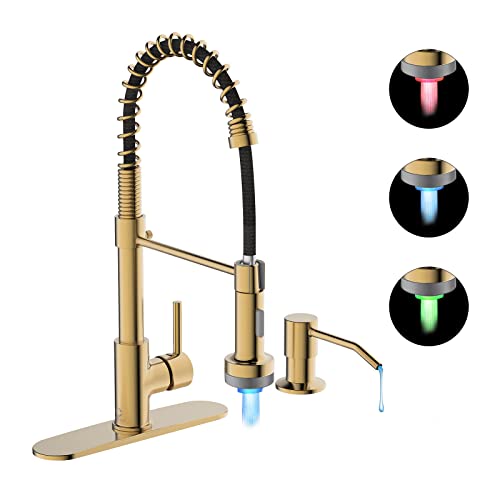 LED Kitchen Faucet, Brushed Gold Kitchen Faucet with Soap Dispenser and Deck Plate, Faucet for Camper Farmhouse RV Kitchen Sink, Single Handle Kitchen Sink Faucets with Pull Down Sprayer - color: C-Brushed Gold, style: Rustic