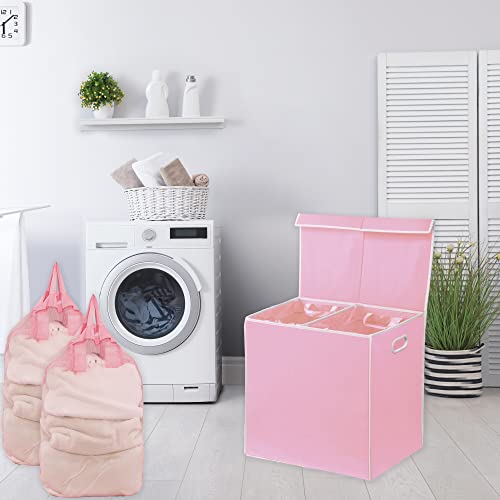 Simple Houseware Double Laundry Hamper with Lid & Removable Bags, Pink | Heavy Duty 600D Polyester, Water-Resistant Surface - color: Pink