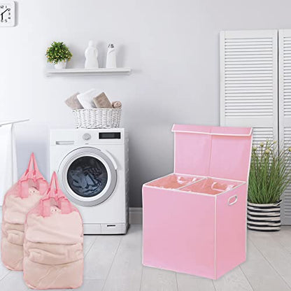 Simple Houseware Double Laundry Hamper with Lid & Removable Bags, Pink | Heavy Duty 600D Polyester, Water-Resistant Surface - color: Pink
