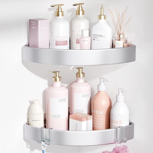 Nieifi Adhesive Shower Caddy Corner, 2 Pack, Silver | No Drilling, Shower Organizer for Inside Shower, Anodized Aluminum, Bathroom Accessory Decor Set