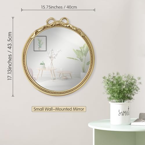 15.75" Small Gold Bow Decorative Round Mirror | Metal Frame, Wall Mounted, For Entryway, Bathroom, Living Room, Mini Size