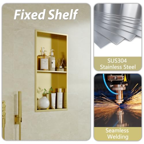Qeke 12" x 24" Stainless Steel Shower Niche w/Double Shelves, Brushed Golden - color: Brushed Golden, size: 12X24"