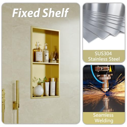 Qeke 12" x 24" Stainless Steel Shower Niche w/Double Shelves, Brushed Golden - color: Brushed Golden, size: 12X24"