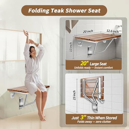 𝙐𝙥𝙜𝙧𝙖𝙙𝙚 20 Inch Folding Shower Seat Wall Mounted, Teak Wood Shower Seat with Stainless Steel Bracket & Finish Cap, 550lb Capacity, for Elderly, Disabled, Pregnant Women, Kids - size: 20 inches seat