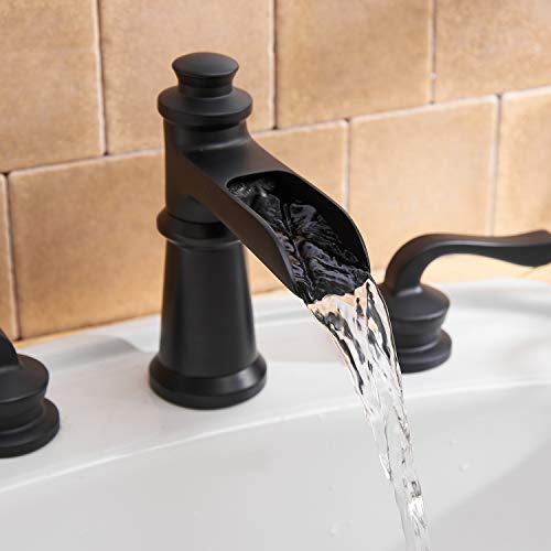 BWE Widespread Bathroom Faucet 3 Holes Matte Black with Pop Up Drain Assembly and Supply Hose Waterfall Black Two-Handle 8-16 inch Bathroom Faucet Lavatory Basin Mixer Tap - color: Black
