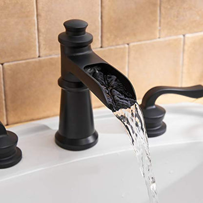 BWE Widespread Bathroom Faucet 3 Holes Matte Black with Pop Up Drain Assembly and Supply Hose Waterfall Black Two-Handle 8-16 inch Bathroom Faucet Lavatory Basin Mixer Tap - color: Black