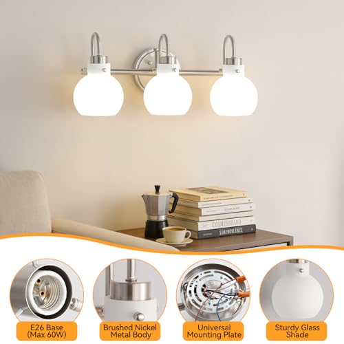 Bathroom Wall Light Fixture Brushed Nickel 3 Light Vanity Light | Wall Sconce with Milk Globe Glass Shade Bath Wall Lamp over Mirror Farmhouse Wall Mount Light for Living Room Bedroom Hallway - color: Brushed Nickel M