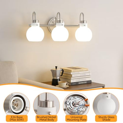 Bathroom Wall Light Fixture Brushed Nickel 3 Light Vanity Light | Wall Sconce with Milk Globe Glass Shade Bath Wall Lamp over Mirror Farmhouse Wall Mount Light for Living Room Bedroom Hallway - color: Brushed Nickel M