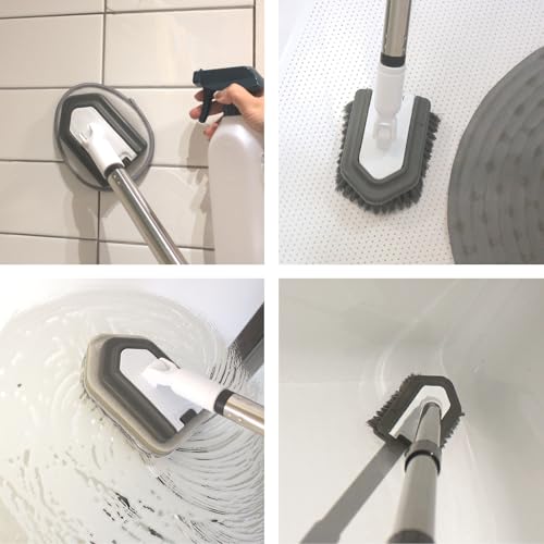 Floor Scrub Brush, 5 in 1 Tile Tub Scrubber with 56" Adjustable Long Handle and 5 No Scratch Scrubber Heads for Bathroom, Kitchen, Toilet, Bathtub
