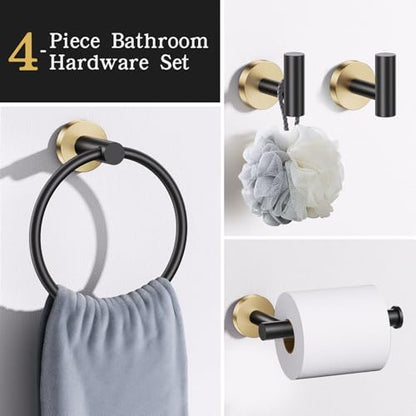 Lairuier Bathroom Hardware Set, 4-Piece Towel Holder Set Include Toilet Paper Holder,Towel Ring and 2 Towel Hooks Stainless Steel Wall Mounted Bathroom Hardware Accessories Set (Black and Gold) - color: Black Gold, size: Set A