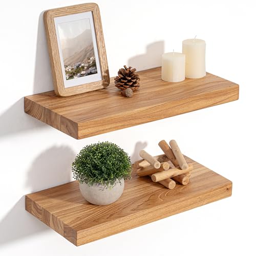 Floating Shelves for Wall Decor, 8" Deep Rustic Solid Elm Wood Floating Shelves Wall Mounted, Wall Shelves with Invisible Bracket for Living Room Bathroom Bedroom Kitchen, 16 Inch Set of 2, Natural - color: Natural, size: Flat Edge, 16inch, 2Packs