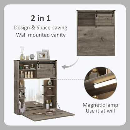 ARTETHYS Floating Vanity Desk with Mirror and Lights Small Wall Mounted Makeup Set with Storage Gray Farmhouse Dressing Table for Tiny Space - color: Grey