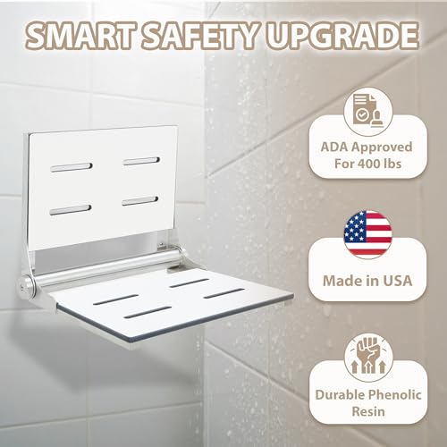 Folding Shower Seat - Wall Mount Bench for Inside Shower / Bathroom Safety Assist / 304 Stainless Steel / Phenolic Resin / Brushed Finish / 18" x 16" - color: Brushed Stainless Steel, size: 18 x 16