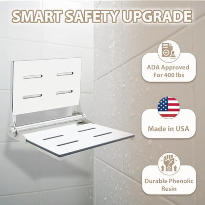 Folding Shower Seat - Wall Mount Bench for Inside Shower / Bathroom Safety Assist / 304 Stainless Steel / Phenolic Resin / Brushed Finish / 18" x 16" - color: Brushed Stainless Steel, size: 18 x 16