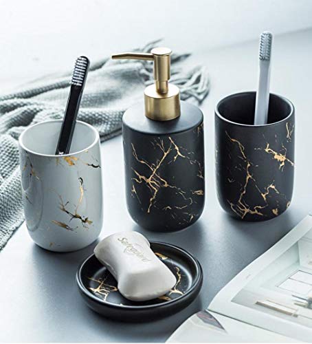Bathroom Accessory Set Ceramics Bathroom Set Accessories Complete Set Vanity Countertop Accessory Set Includes Soap Dish Lotion Dispenser Tumblers (Black（Four Piece）)