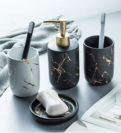 Bathroom Accessory Set Ceramics Bathroom Set Accessories Complete Set Vanity Countertop Accessory Set Includes Soap Dish Lotion Dispenser Tumblers (Black（Four Piece）)