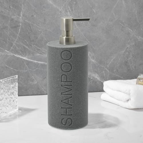 Resin Neutral Gray Sandstone Shampoo Engraved Bottle Refillable Pump Dispenser, Durable Waterproof Resin Construction for Bath, Shower - Gray Sandstone Satin Nickel Pump - color: Gray Sandstone Resin, Nickel Pump - Shampoo