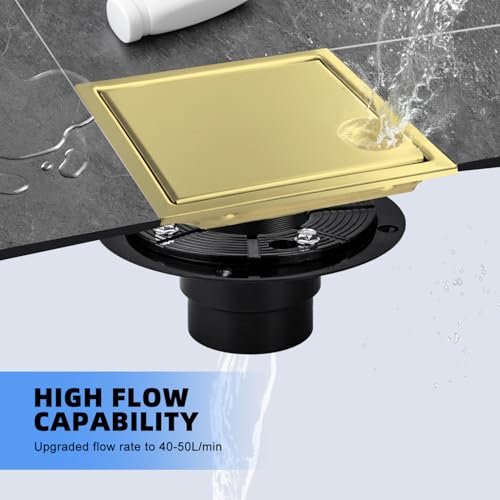 Gold Shower Floor Drain 6 inch with Flange, Square Shower Drain with 2 in 1 Tile-Insert Cover, SUS 304 Stainless Steel, Brushed Gold - color: Brushed Gold, size: Ultra flat surface